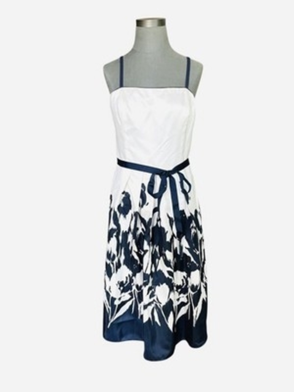 Dressbarn Navy Blue White Floral Belted Fit Flare Midi Dress Women Size 10 EXC - Picture 3 of 7